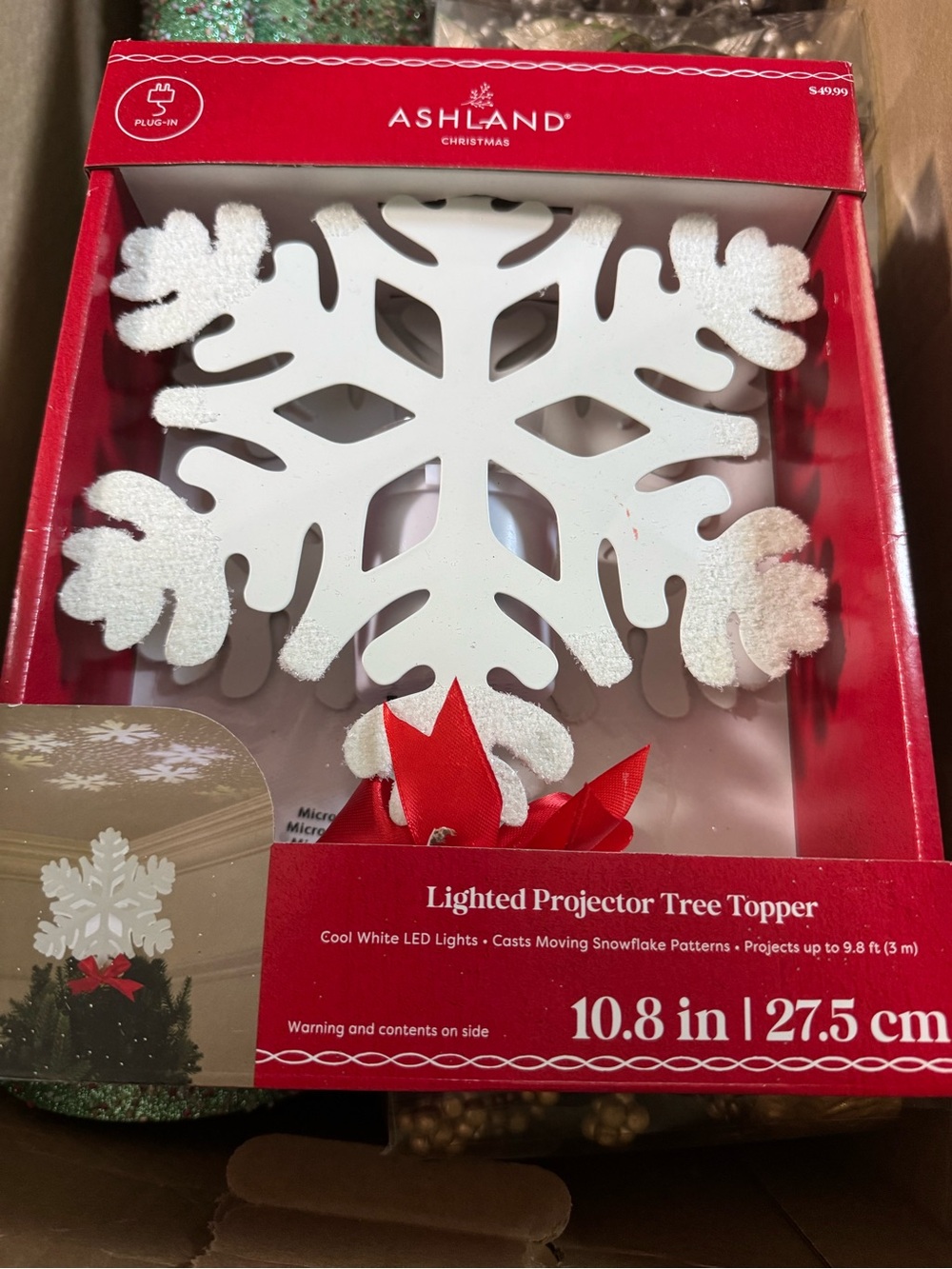 Ashland White Snowflake Lighted Tree Topper with Red Bow